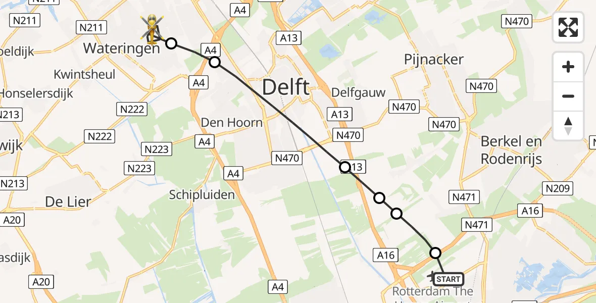 Vluchtroute Traumahelikopter van Rotterdam The Hague Airport naar 's-Gravenhage