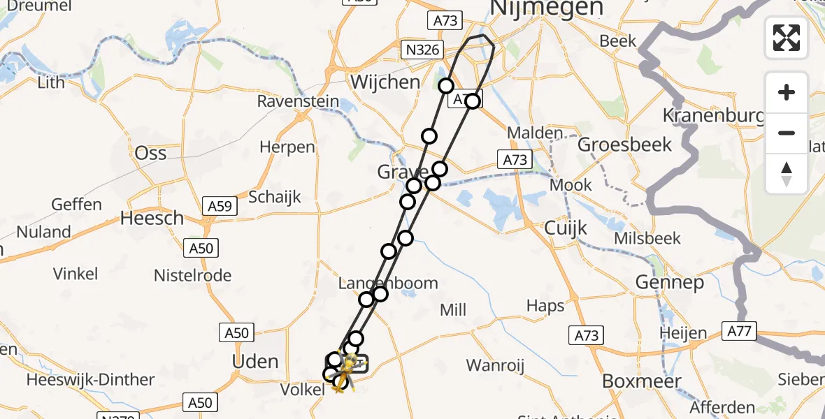 Vluchtroute Traumahelikopter van Vliegbasis Volkel naar Vliegbasis Volkel