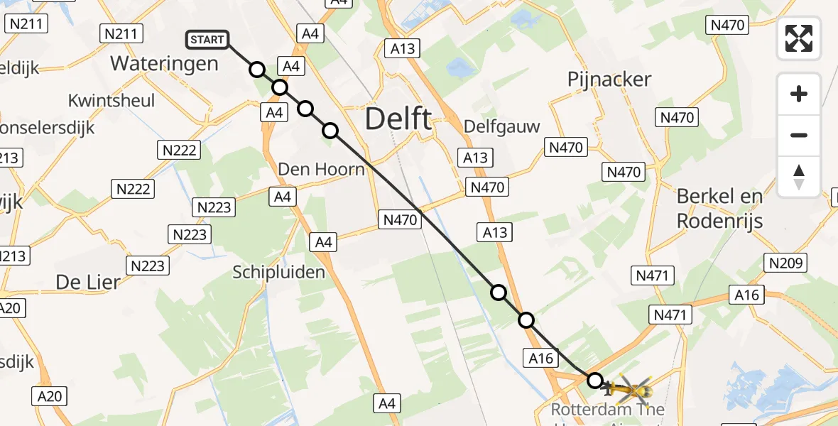 Vluchtroute Traumahelikopter van 's-Gravenhage naar Rotterdam The Hague Airport