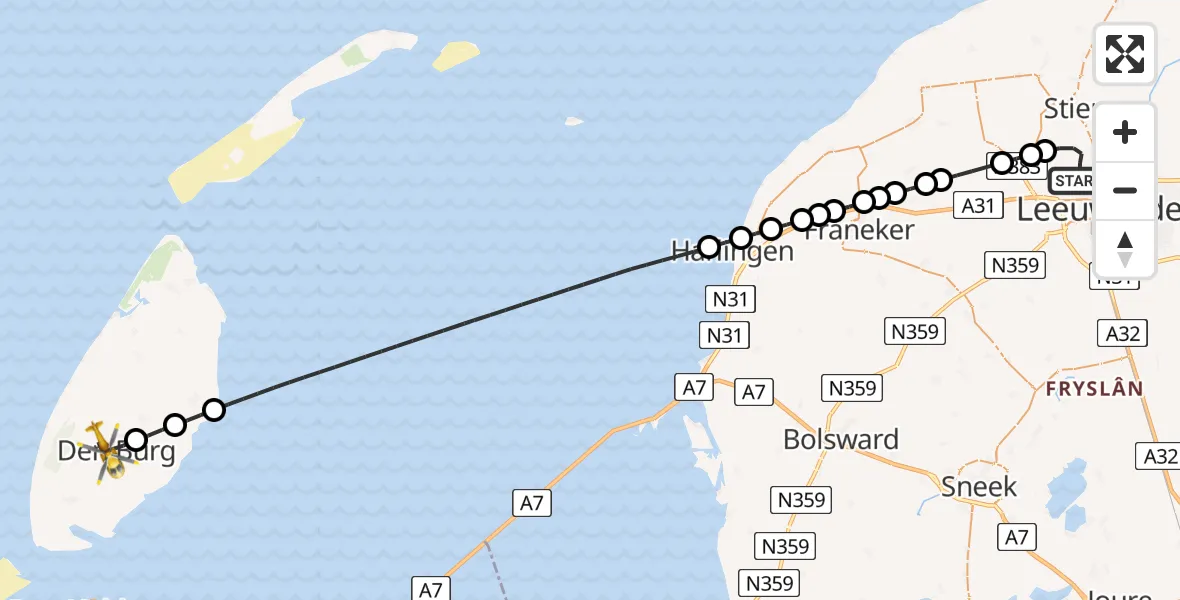 Vluchtroute Ambulancehelikopter van Vliegbasis Leeuwarden naar Den Burg