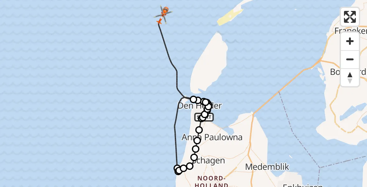 Vluchtroute Kustwachthelikopter van Militair vliegveld De Kooy / Den Helder Airport naar Noordzee