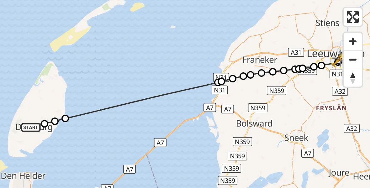 Vluchtroute Ambulancehelikopter van Den Burg naar Leeuwarden Medical Center Heliport