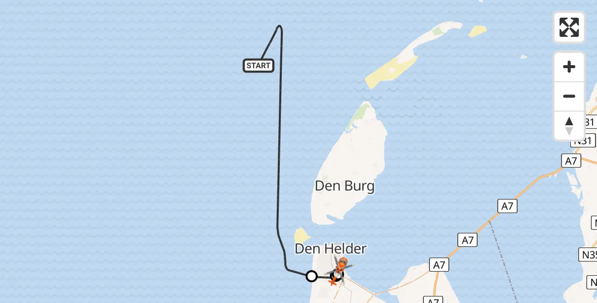 Vluchtroute Kustwachthelikopter van Noordzee naar Militair vliegveld De Kooy / Den Helder Airport