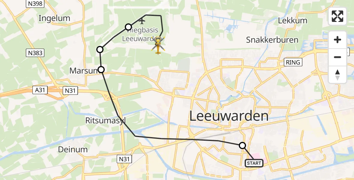 Vluchtroute Ambulancehelikopter van Leeuwarden Medical Center Heliport naar Vliegbasis Leeuwarden