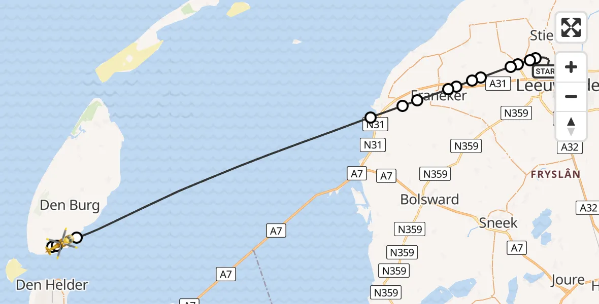 Vluchtroute Ambulancehelikopter van Vliegbasis Leeuwarden naar Den Hoorn