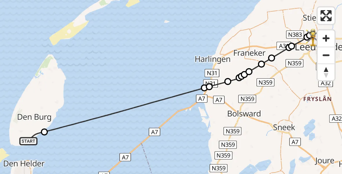 Vluchtroute Ambulancehelikopter van Den Hoorn naar Vliegbasis Leeuwarden