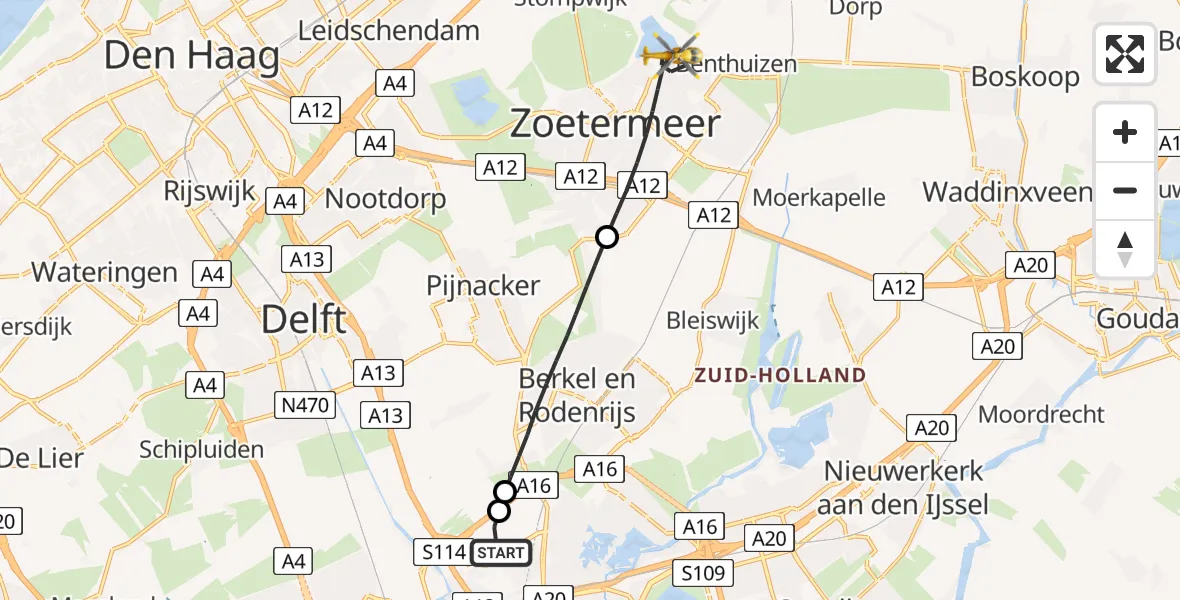 Vluchtroute Traumahelikopter van Rotterdam The Hague Airport naar Zoetermeer