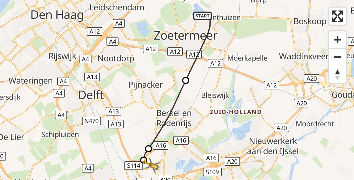 Vluchtroute Traumahelikopter van Zoetermeer naar Rotterdam The Hague Airport