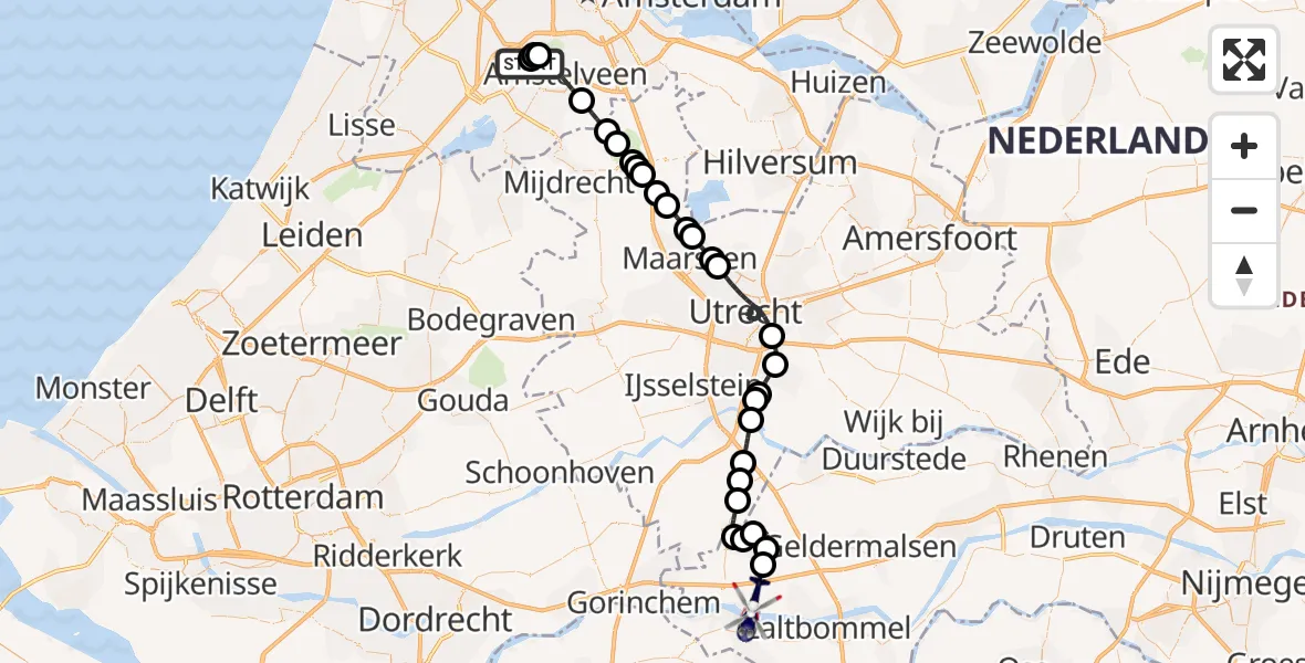 Vluchtroute Politiehelikopter van Amsterdam Vliegveld Schiphol naar Herwijnen