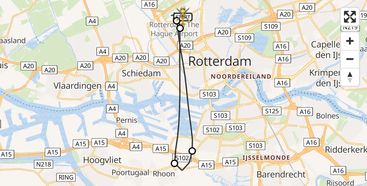 Vluchtroute Traumahelikopter van Rotterdam The Hague Airport naar Rotterdam The Hague Airport
