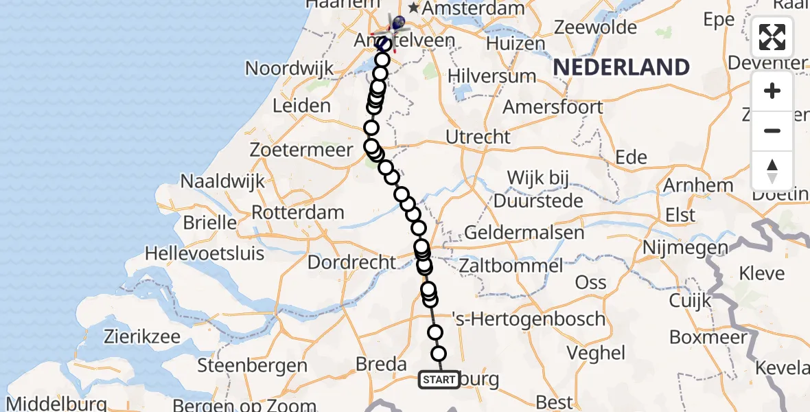 Vluchtroute Politiehelikopter van Tilburg naar Amsterdam Vliegveld Schiphol