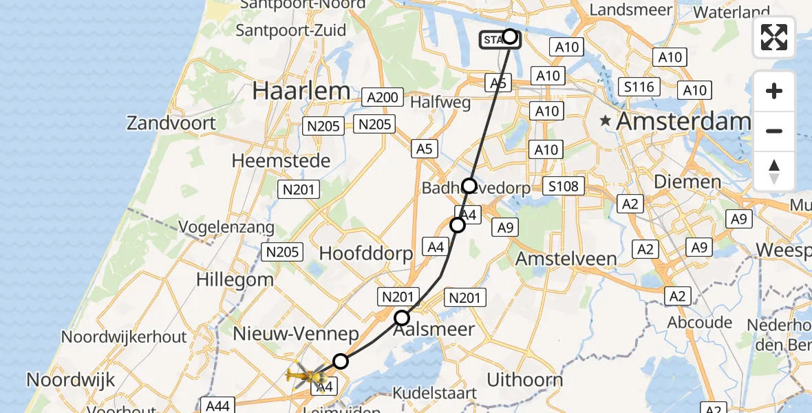 Vluchtroute Traumahelikopter van Amsterdam Heliport naar Nieuw-Vennep