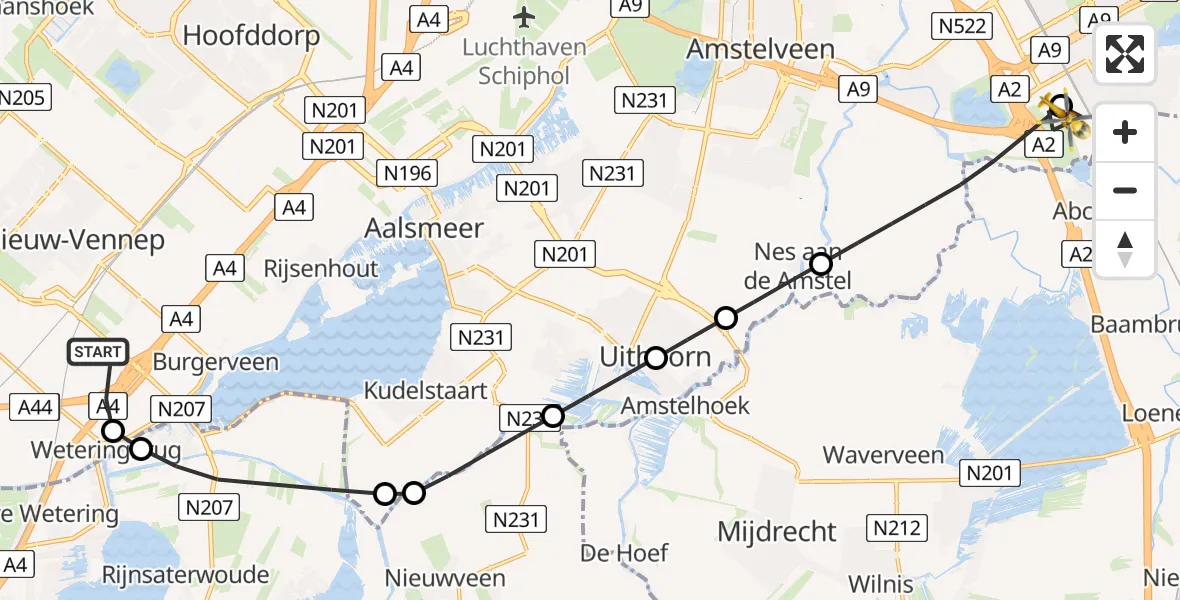 Vluchtroute Traumahelikopter van Nieuw-Vennep naar Amsterdam UMC Helipad