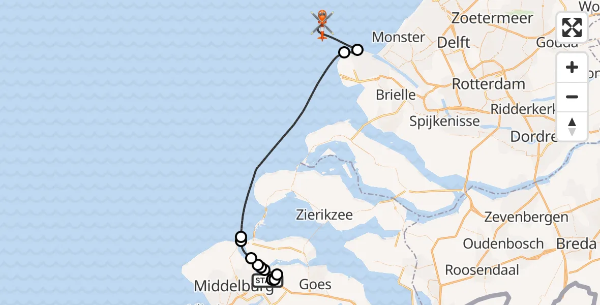 Vluchtroute Kustwachthelikopter van Vliegveld Midden-Zeeland naar Noordzee