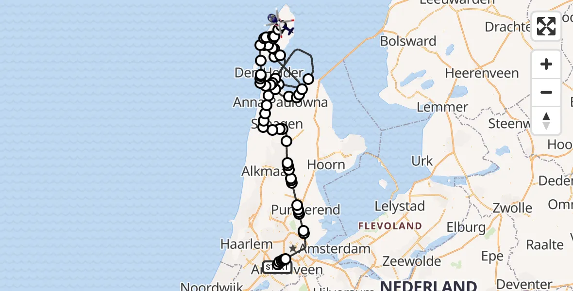Vluchtroute Politiehelikopter van Amsterdam Vliegveld Schiphol naar Texel International Airport