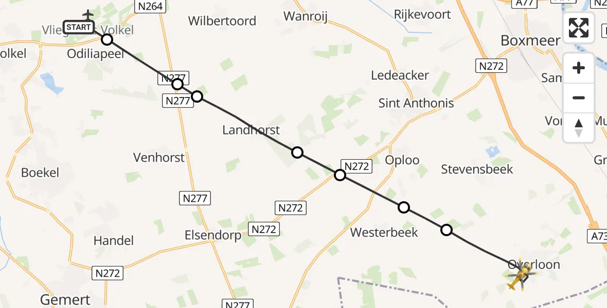 Vluchtroute Traumahelikopter van Vliegbasis Volkel naar Overloon