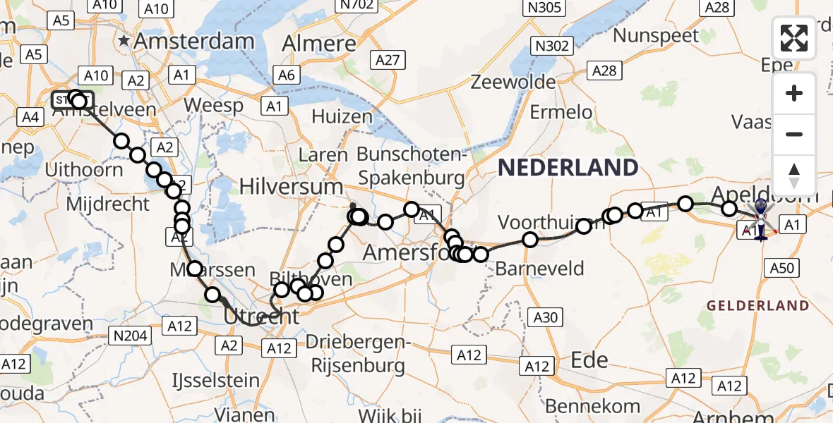 Vluchtroute Politiehelikopter van Amsterdam Vliegveld Schiphol naar Apeldoorn