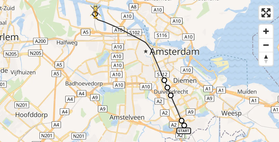 Vluchtroute Traumahelikopter van Amsterdam UMC Helipad naar Amsterdam Heliport