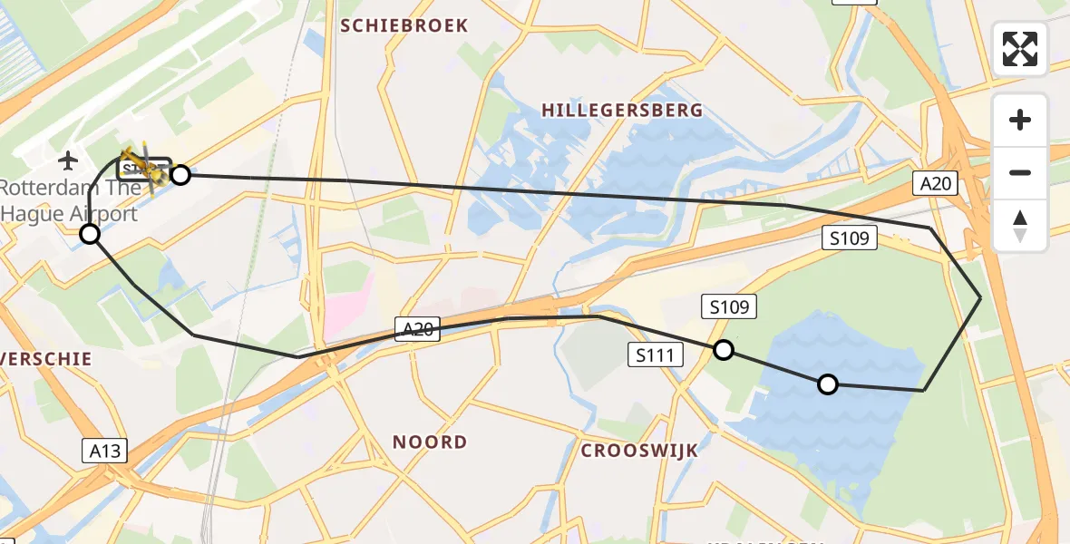 Vluchtroute Traumahelikopter van Rotterdam The Hague Airport naar Rotterdam The Hague Airport