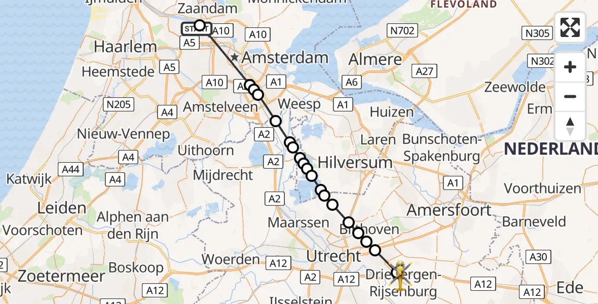 Vluchtroute Traumahelikopter van Amsterdam Heliport naar Driebergen-Rijsenburg
