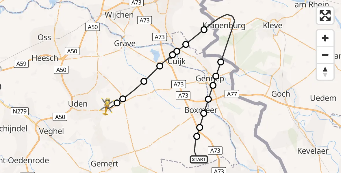Vluchtroute Traumahelikopter van Overloon naar Vliegbasis Volkel