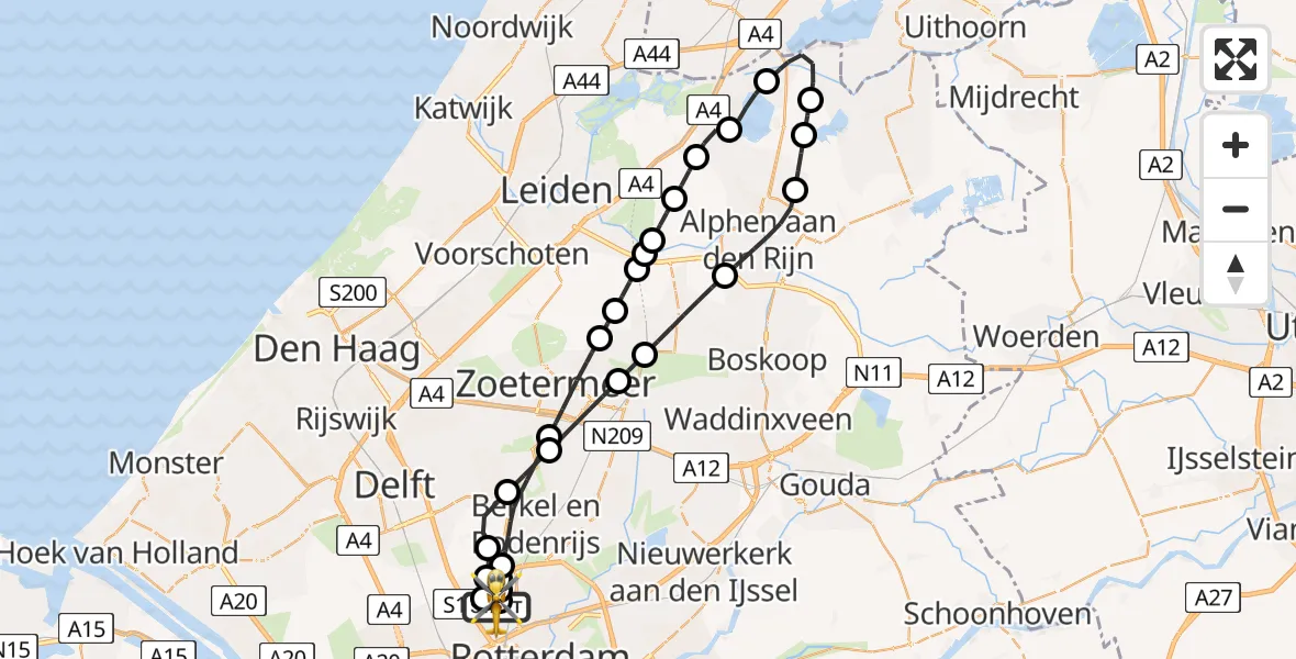 Vluchtroute Traumahelikopter van Rotterdam The Hague Airport naar Rotterdam The Hague Airport