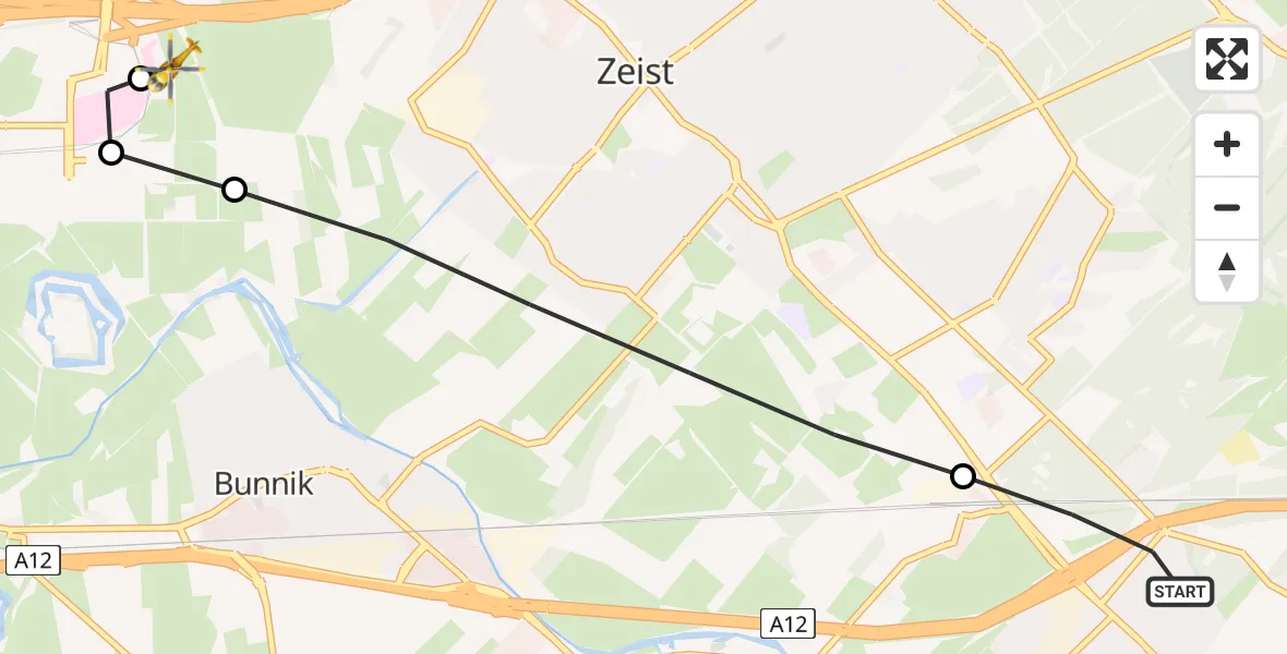 Vluchtroute Traumahelikopter van Driebergen-Rijsenburg naar University Medical Center Utrecht Heliport