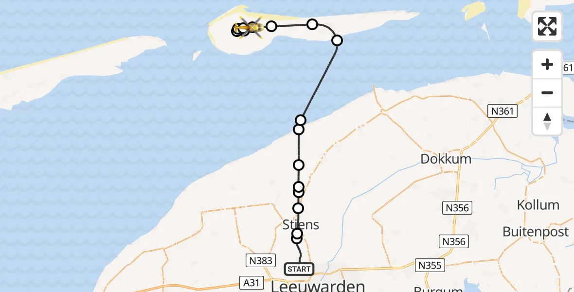 Vluchtroute Ambulancehelikopter van Vliegbasis Leeuwarden naar Ameland Vliegveld Ballum