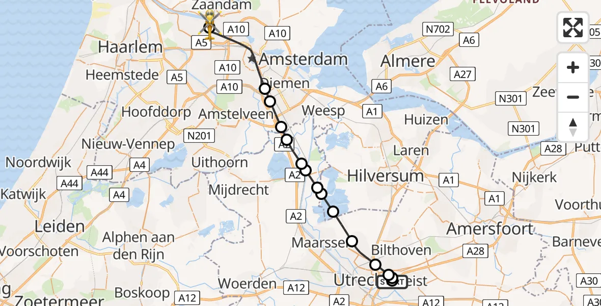 Vluchtroute Traumahelikopter van Universitair Medisch Centrum Utrecht naar Amsterdam Heliport