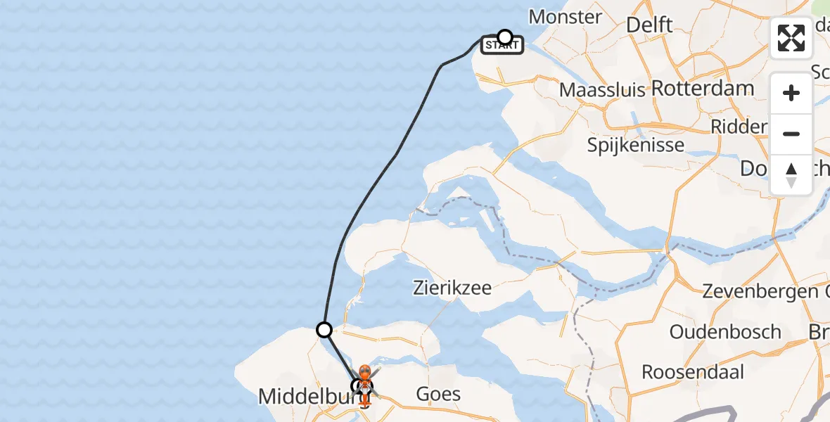 Vluchtroute Kustwachthelikopter van Maasvlakte Rotterdam naar Vliegveld Midden-Zeeland
