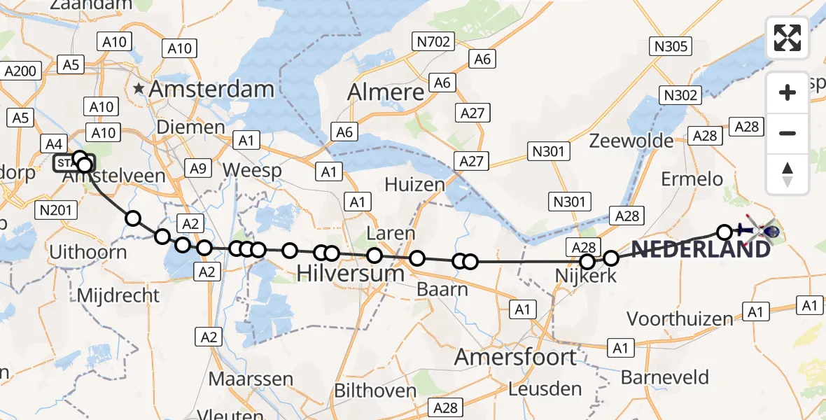 Vluchtroute Politiehelikopter van Amsterdam Vliegveld Schiphol naar Ermelo