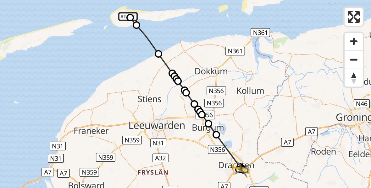 Vluchtroute Ambulancehelikopter van Ameland Vliegveld Ballum naar Nij Smellinghe Hospital Heliport