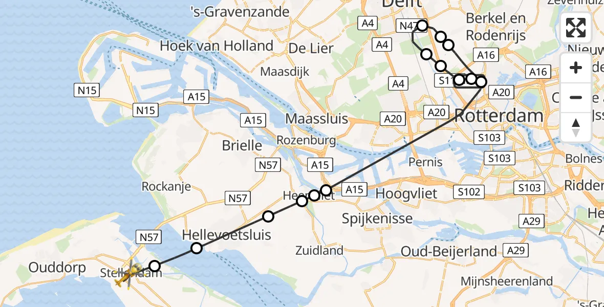 Vluchtroute Traumahelikopter van Rotterdam The Hague Airport naar Stellendam