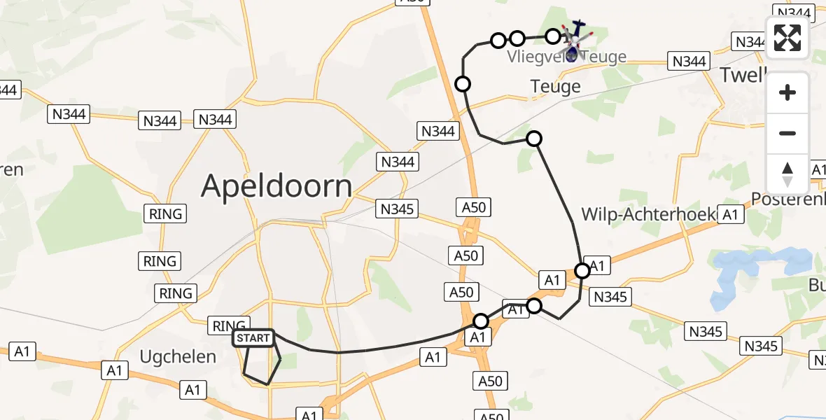 Vluchtroute Politiehelikopter van Apeldoorn naar Vliegveld Teuge