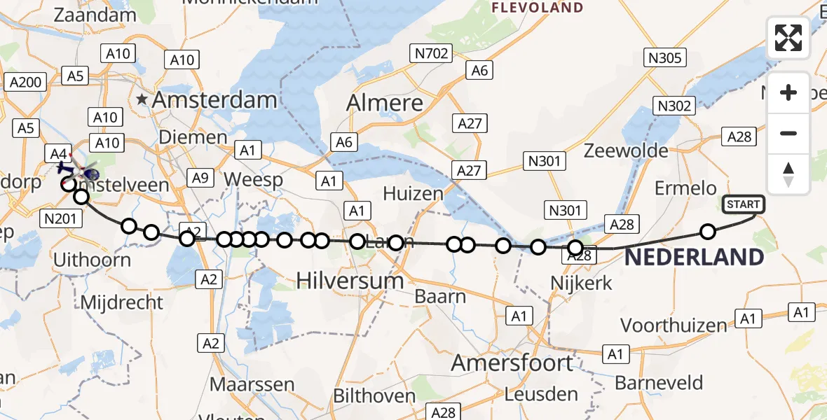 Vluchtroute Politiehelikopter van Ermelo naar Amsterdam Vliegveld Schiphol