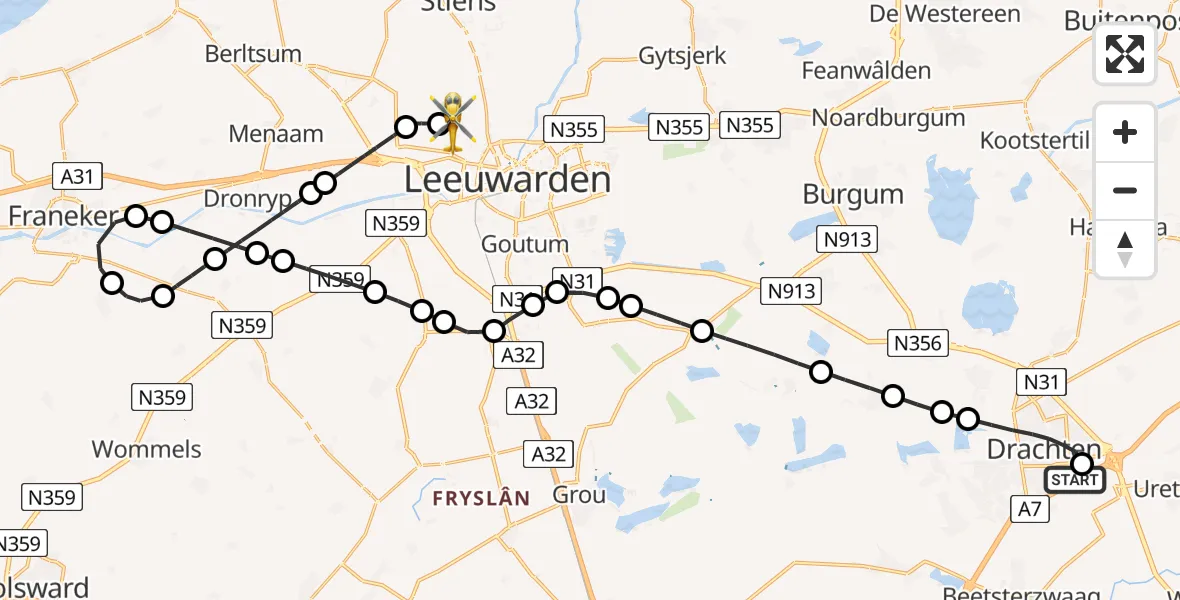 Vluchtroute Ambulancehelikopter van Nij Smellinghe Hospital Heliport naar Vliegbasis Leeuwarden