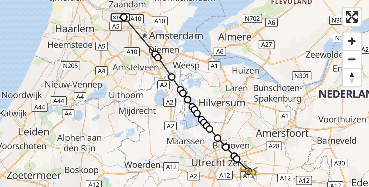 Vluchtroute Traumahelikopter van Amsterdam Heliport naar Driebergen-Rijsenburg