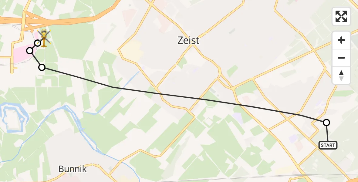Vluchtroute Traumahelikopter van Driebergen-Rijsenburg naar University Medical Center Utrecht Heliport