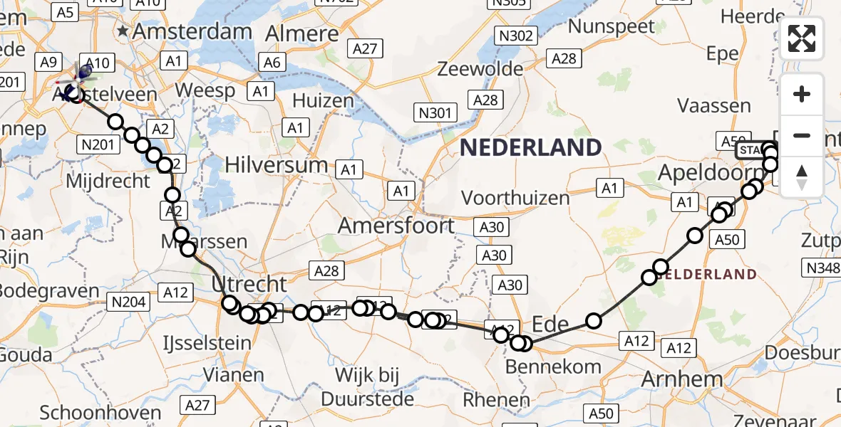 Vluchtroute Politiehelikopter van Vliegveld Teuge naar Amsterdam Vliegveld Schiphol