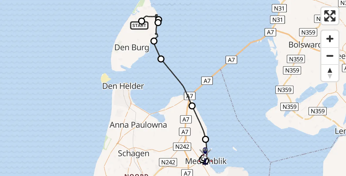 Vluchtroute Politiehelikopter van Texel International Airport naar Wieringerwerf