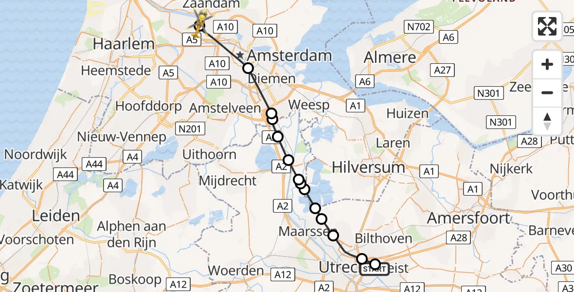 Vluchtroute Traumahelikopter van Universitair Medisch Centrum Utrecht naar Amsterdam Heliport