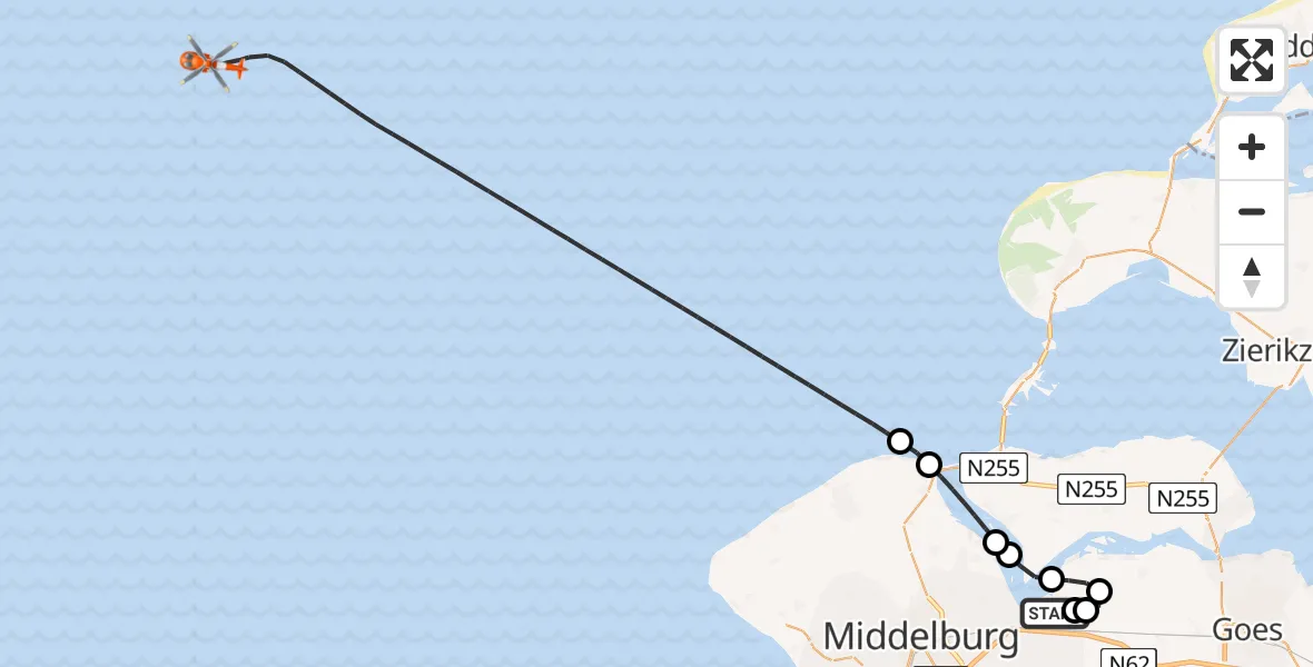 Vluchtroute Kustwachthelikopter van Vliegveld Midden-Zeeland naar Noordzee