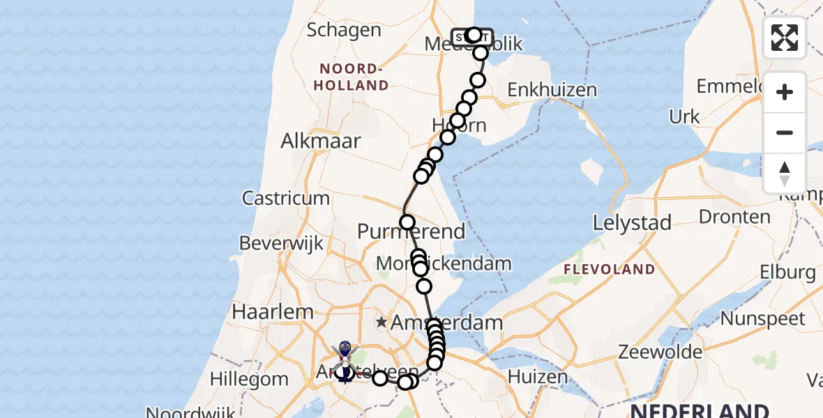 Vluchtroute Politiehelikopter van IJsselmeer naar Amsterdam Vliegveld Schiphol