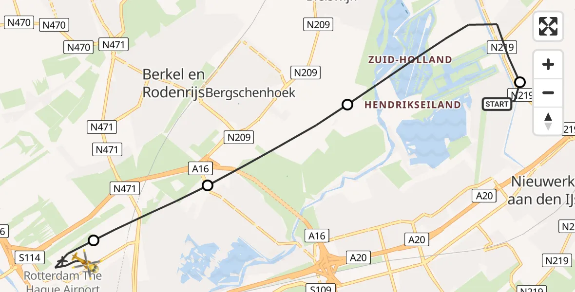 Vluchtroute Traumahelikopter van Rotterdam naar Rotterdam The Hague Airport