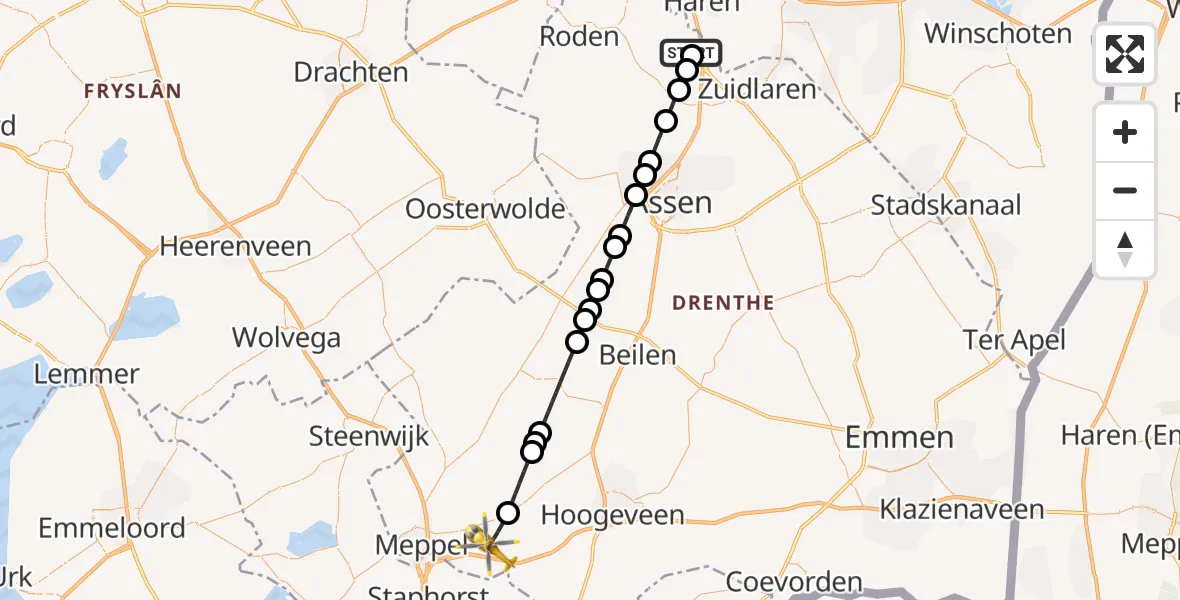 Vluchtroute Traumahelikopter van Groningen Airport Eelde naar Koekange