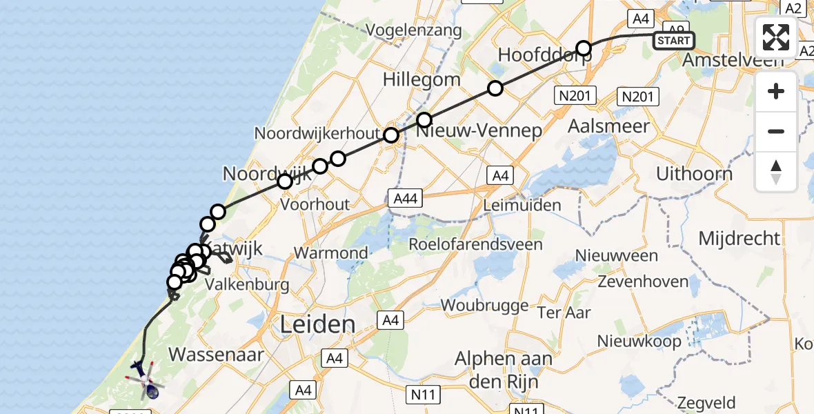 Vluchtroute Politiehelikopter van Amsterdam Vliegveld Schiphol naar Wassenaar