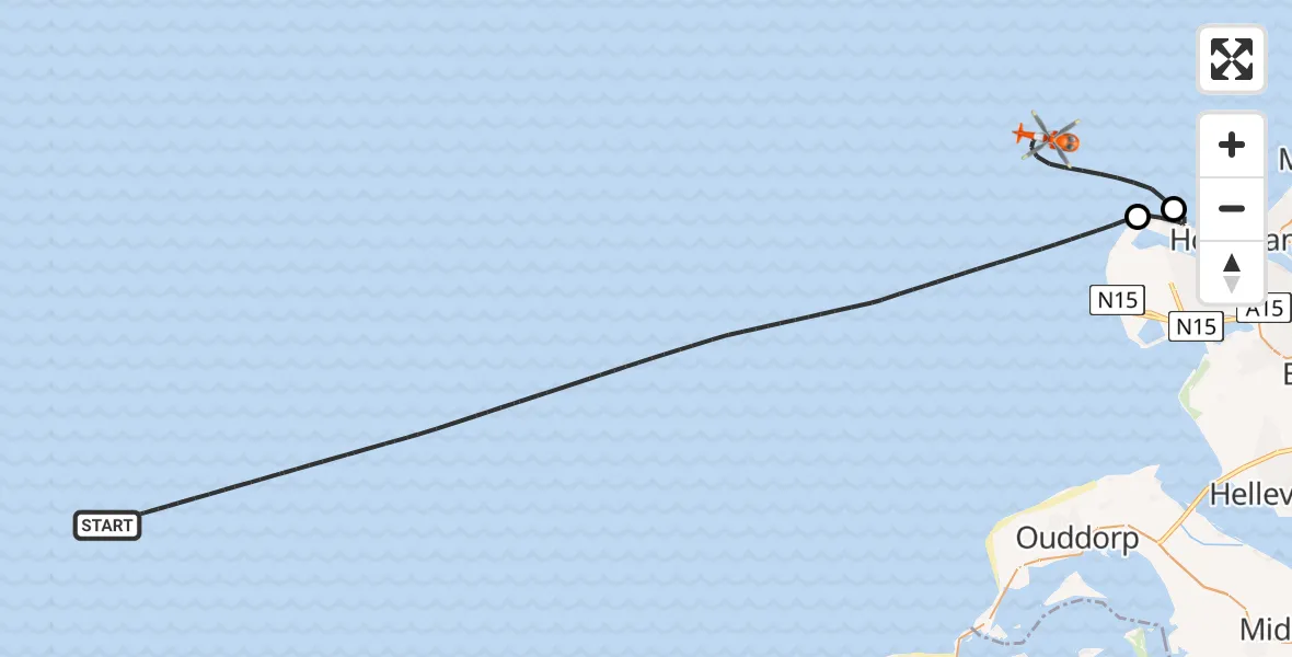 Vluchtroute Kustwachthelikopter van Noordzee naar Noordzee