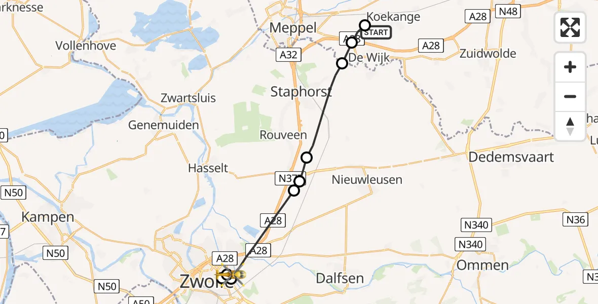 Vluchtroute Traumahelikopter van Koekange naar Isala Hospital Zwolle Heliport
