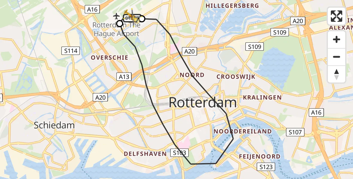 Vluchtroute Traumahelikopter van Rotterdam The Hague Airport naar Rotterdam The Hague Airport