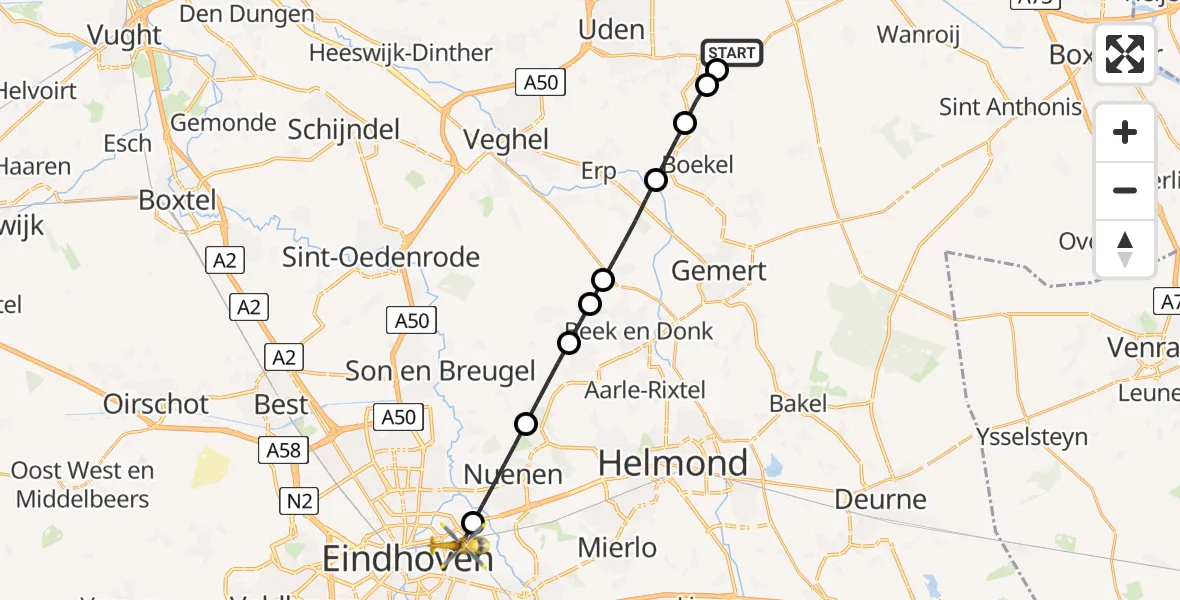 Vluchtroute Traumahelikopter van Vliegbasis Volkel naar Eindhoven